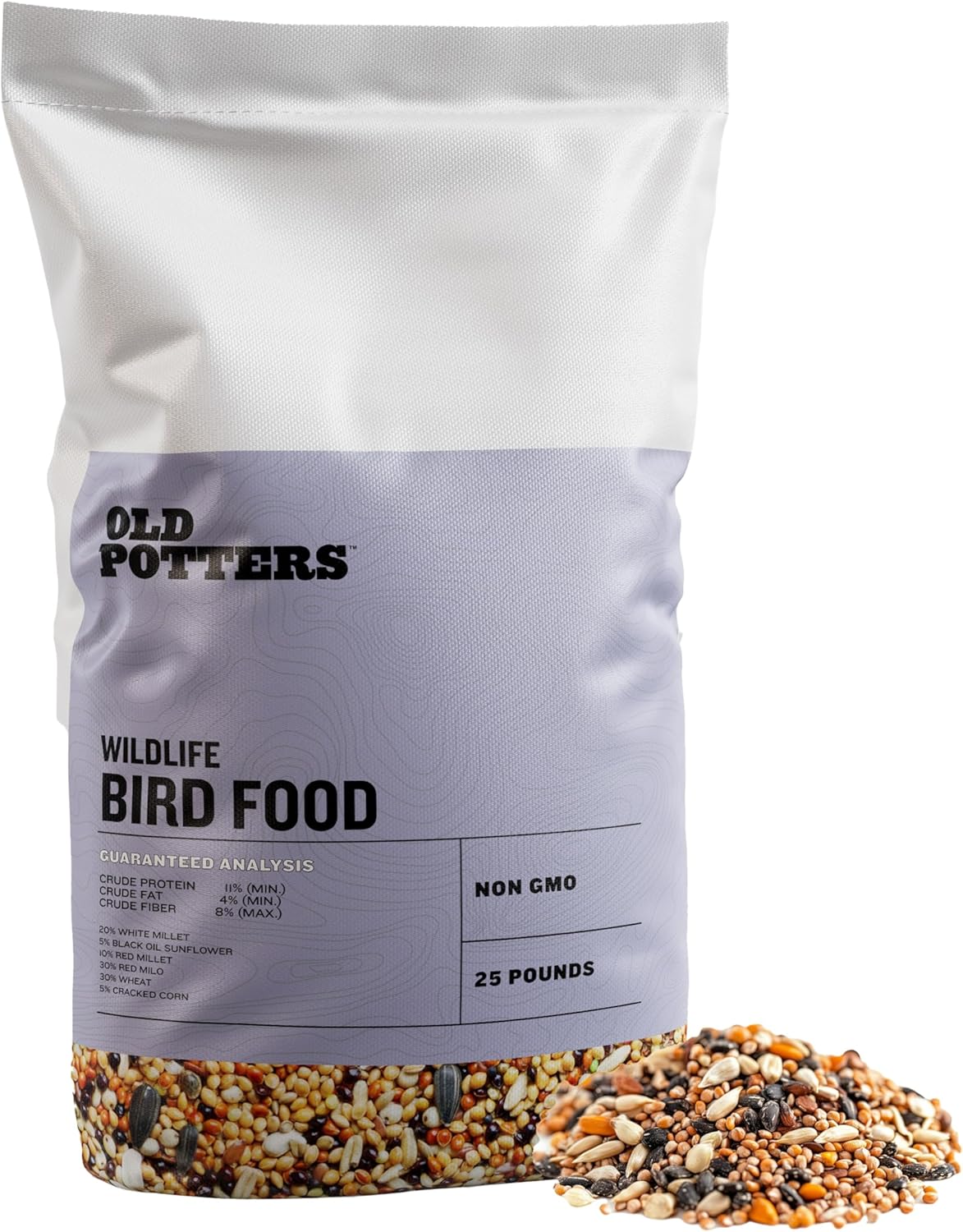 Old Potters Wild Bird Seed Blend – Non-GMO, Natural Mix with Millet, Milo, Sunflower, Corn & Wheat – Attracts Ground-Feeding Birds – 25 lb