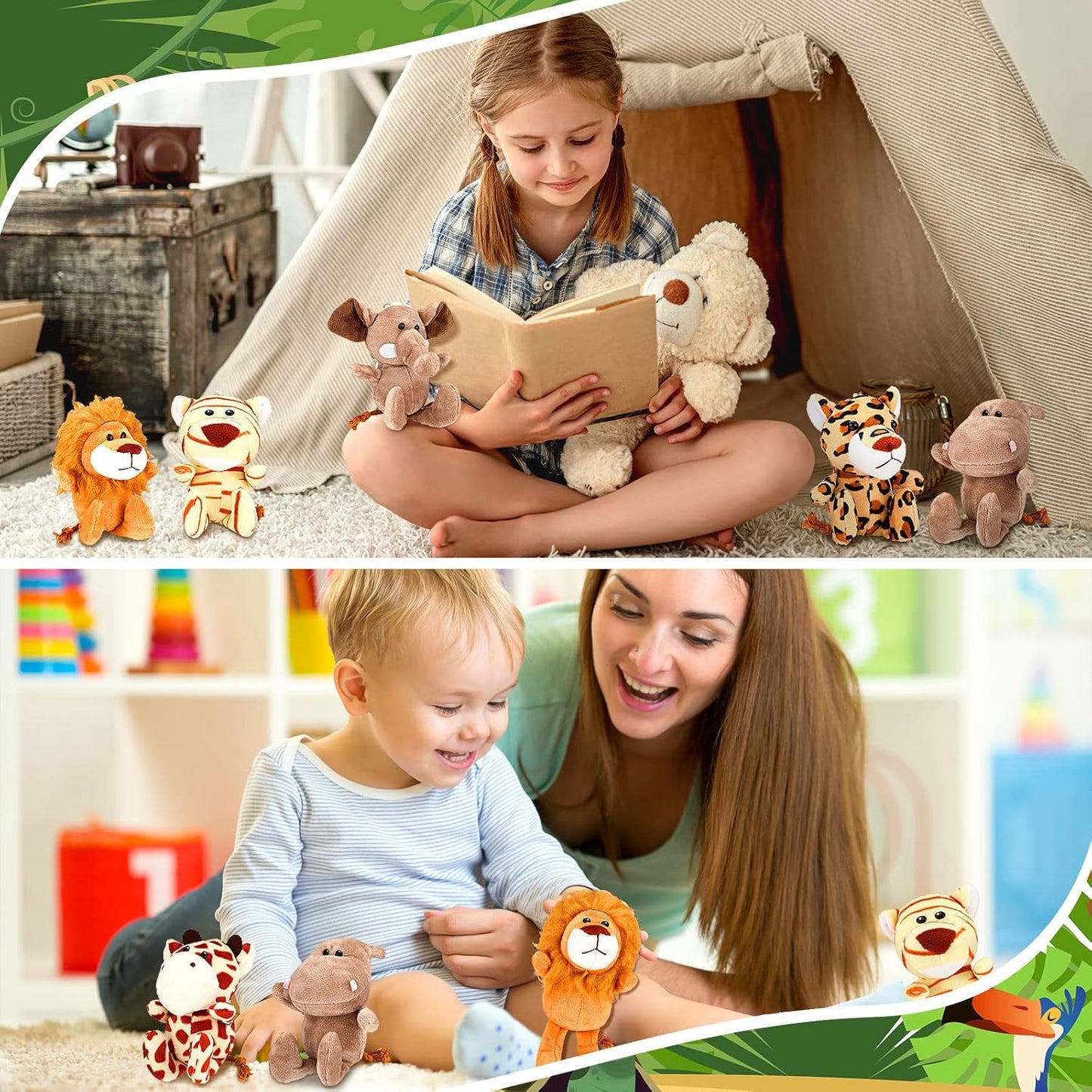 HyDren 18 Pcs Small Safari Stuffed Animals Bulk 4.8 Inch Jungle Animal Mini Plush Toy Lion Tiger Elephant Giraffe Leopard Monkey Figures for Summer, Baby Shower, Birthday Party(Cute Style)