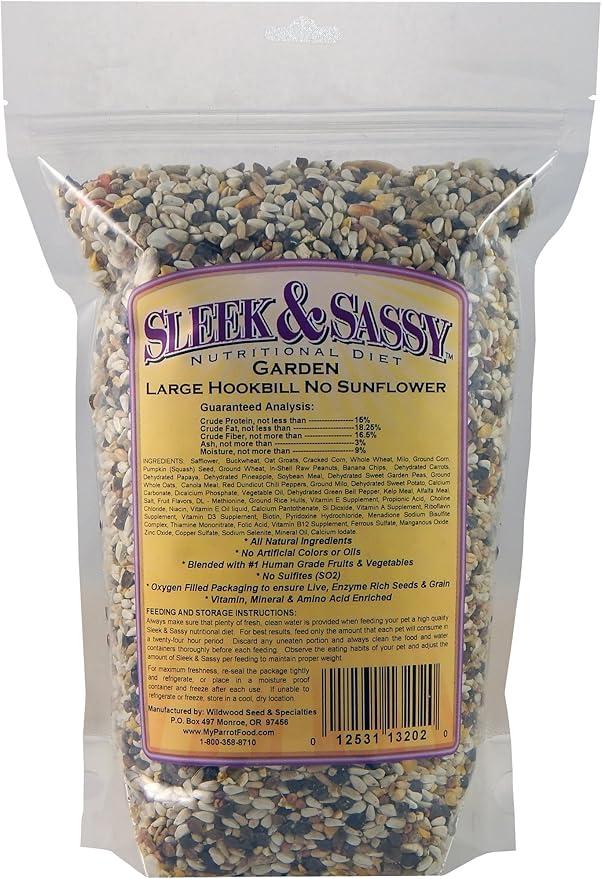 SLEEK & SASSY Garden Large Hookbill No Sunflower Parrot Food for Large Conures, Amazons, African Greys, Cockatoos, Pionus-Parrots & Small Macaws (2 lbs.)