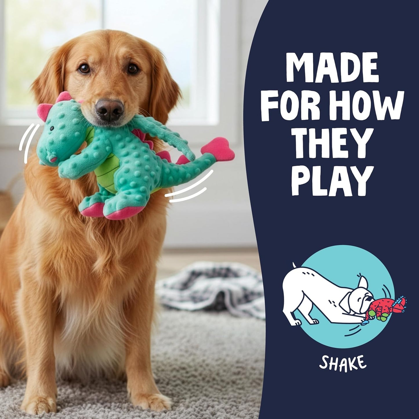 goDog Dragons Squeaky Plush Dog Toy with Chew Guard Technology, Durable Fabric & Squeaker for Active Play, Seafoam, Large