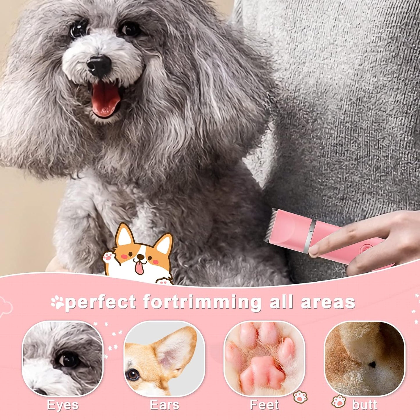 Dog Grooming Clippers Kit-Electric Rechargeable Cat Trimmer Tools-Cordless Quiet Pet Nail Paw Grinder-4 in 1 Multifunctional Low Noise Shaver-Razor for feet Face Ears Toenail Eye(Pink)