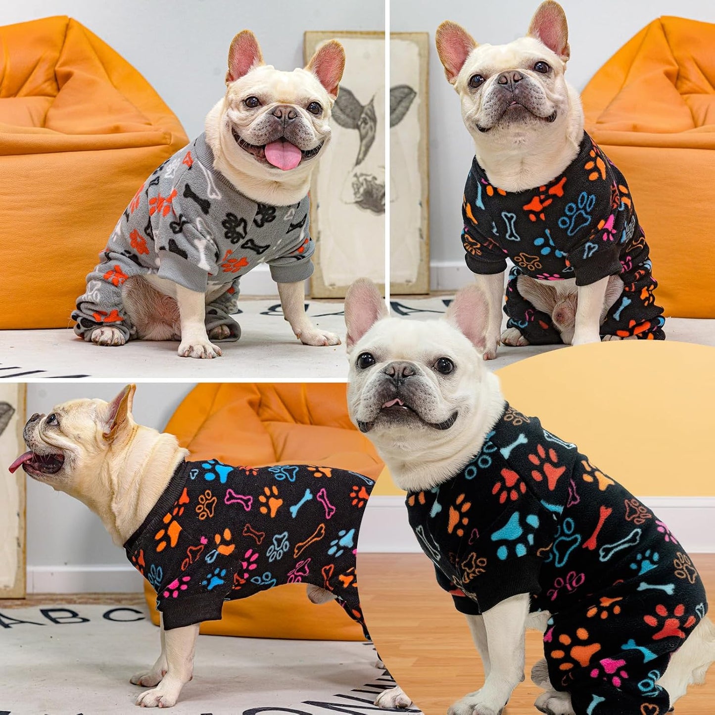 SCENEREAL Fleece Dog Pajamas for Small Medium Large Dogs, Warm Soft Puppy Jumpsuit, Adorable Bones Paw Print Pet Sweaters Clothes, Doggy Pjs Cat Coat for Boy Girl