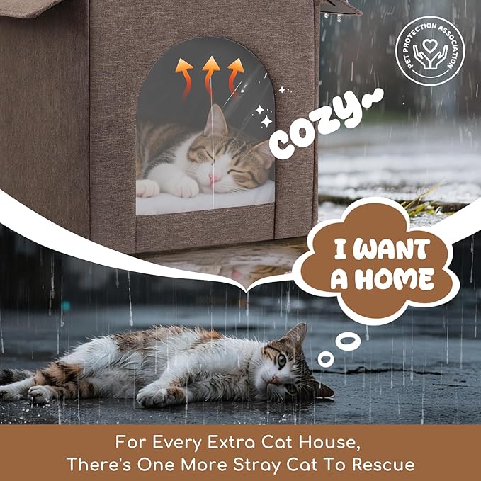 Outdoor Cat House Weatherproof, Insulated Cat Houses for Outdoor/Indoor Cats for Winter, Waterproof Feral Stray Cat Shelter with Warm Cushion and Door Curtain, Easy to Assemble, Brown