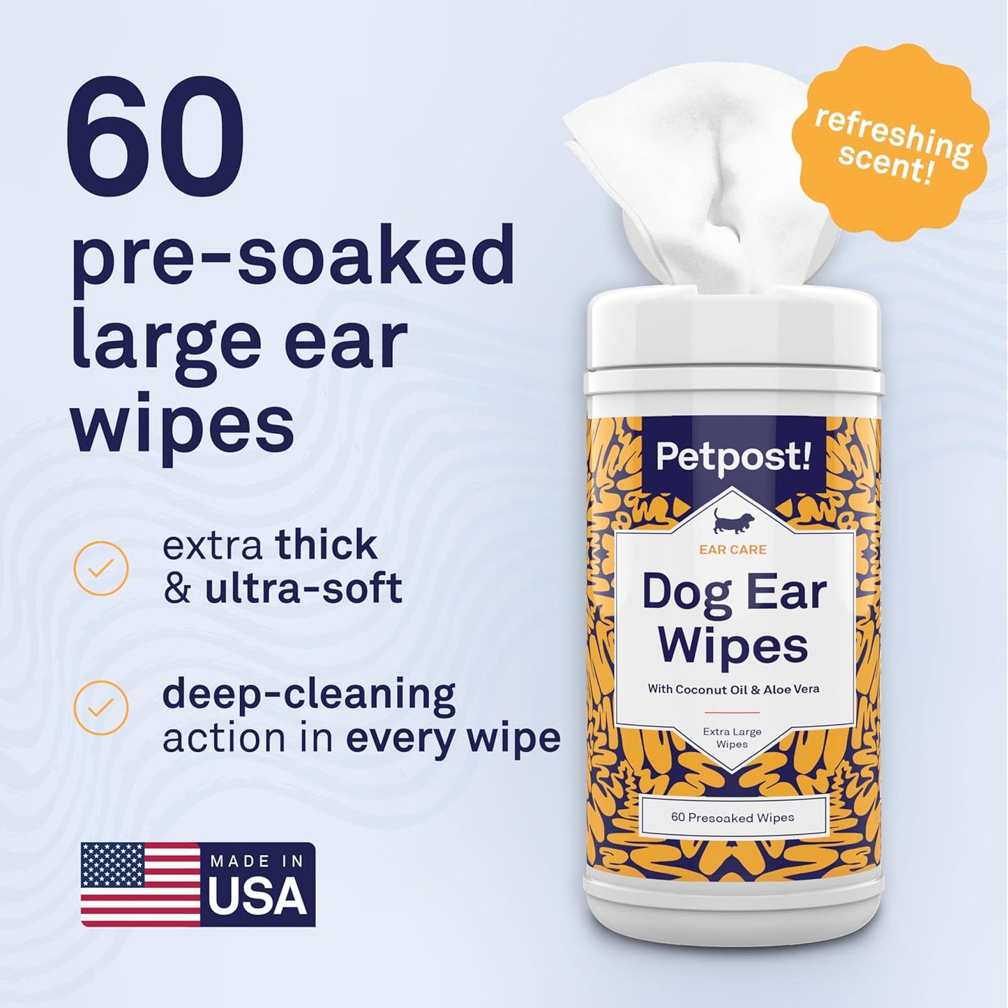 Petpost Large Dog Ear Cleaner Wipes | Ultra Soft XL Cotton Pads in Coconut Oil Aloe Solution | Remedy for Dog Ear Rinse & Cleanser 60 ct.