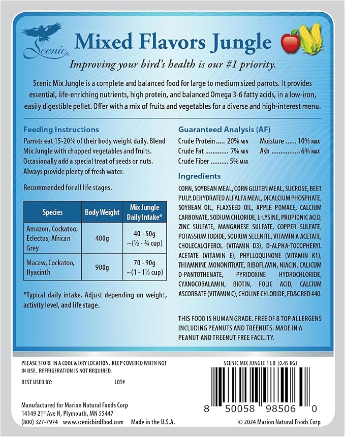 Scenic Mix Jungle Premium Parrot Food - Apple, Natural Flavors, High Protein, Low Iron Bird Pellets for Large Parrots, Macaw Food, Cockatoo & African Grey Parrots, Omega 3, Vitamins, Minerals, 1 LB