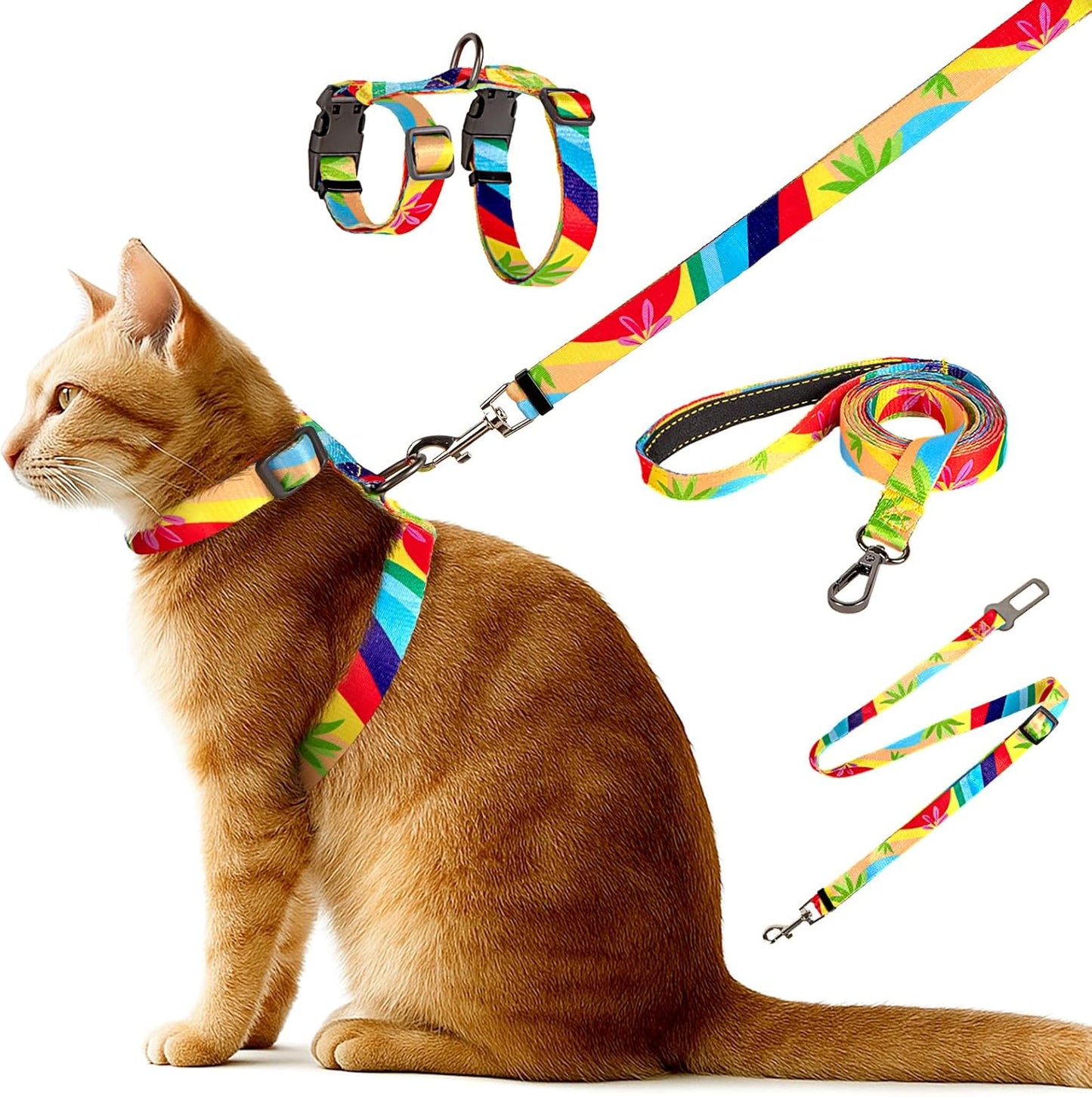 Cat Harness and Leash Set, Anti Escape Adjustable Cat Leash, Comfortable Soft Lightweight, Use Safe & Easy, Suitable for Small, Walking Kitten Harness for Large Medium Small Cats, Maple Leaf Red