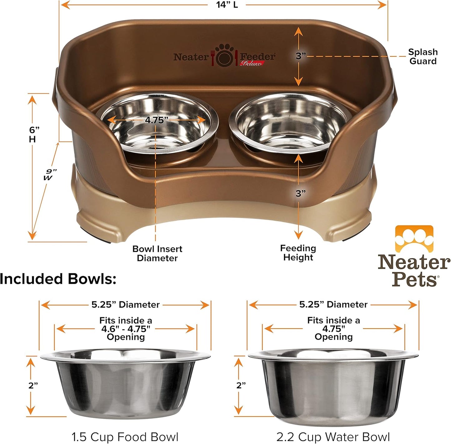 Neater Pet Brands Neater Feeder Deluxe Mess Proof Dog Bowls Elevated for Small Dogs Under 19 lbs, Made in USA, No Spill Raised Dog Food Bowl Stand Feeding Station, Food and Water Bowl Set, Bronze