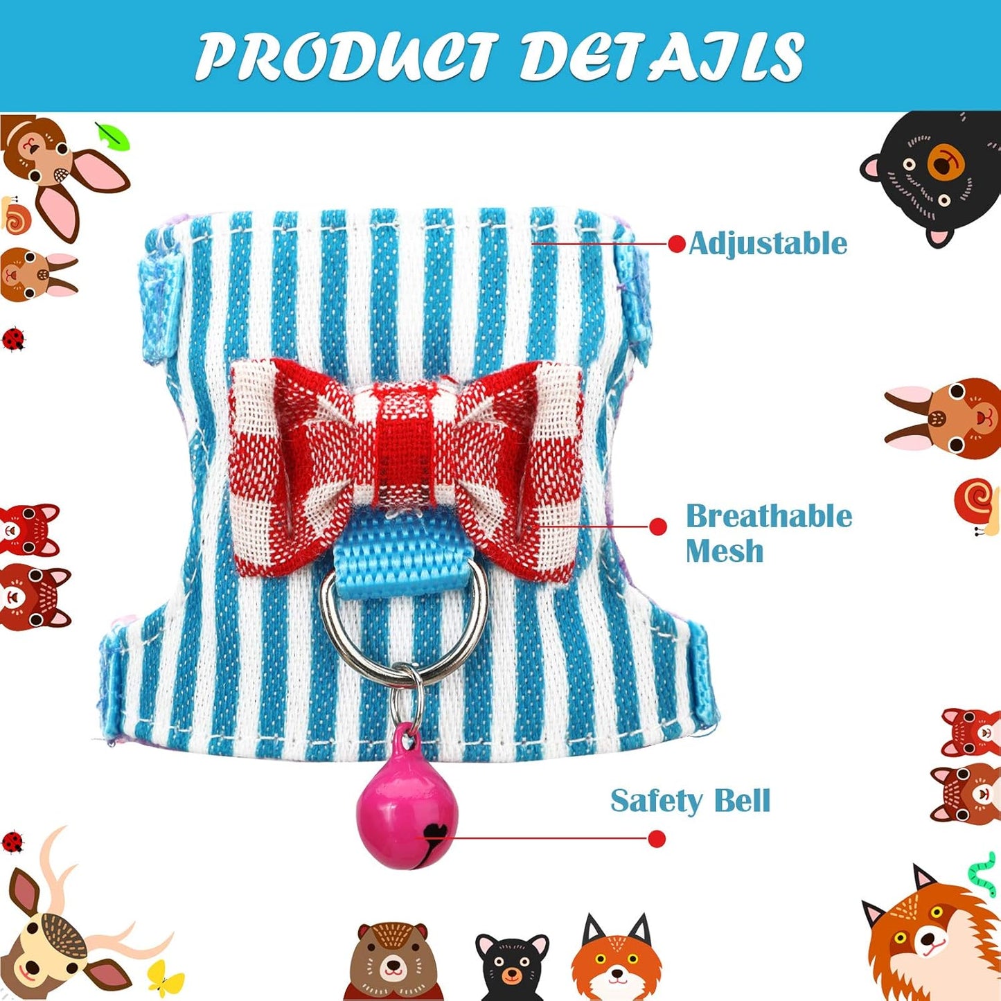 SATINIOR 2 Pieces Small Hamster Harness and Leash Set, Ferret Guinea Pig Clothes with Bowknot and Bell Decor, No Pulling Comfort Padded Vest Striped for Rats Bunny Rabbit Small Animals(M,Pink, Blue)