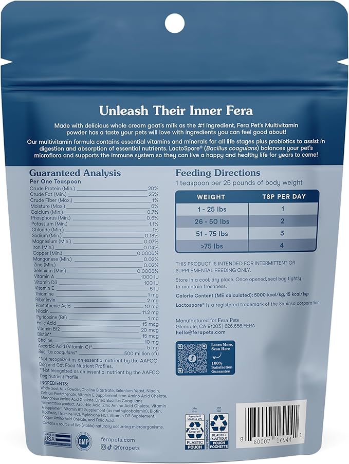 Fera Pets Goat Milk Topper - Multivitamin for Dogs & Cats with Probiotics - Supports Overall Health, Gut Health, and Immune System - for Picky Eaters - 60 TSP