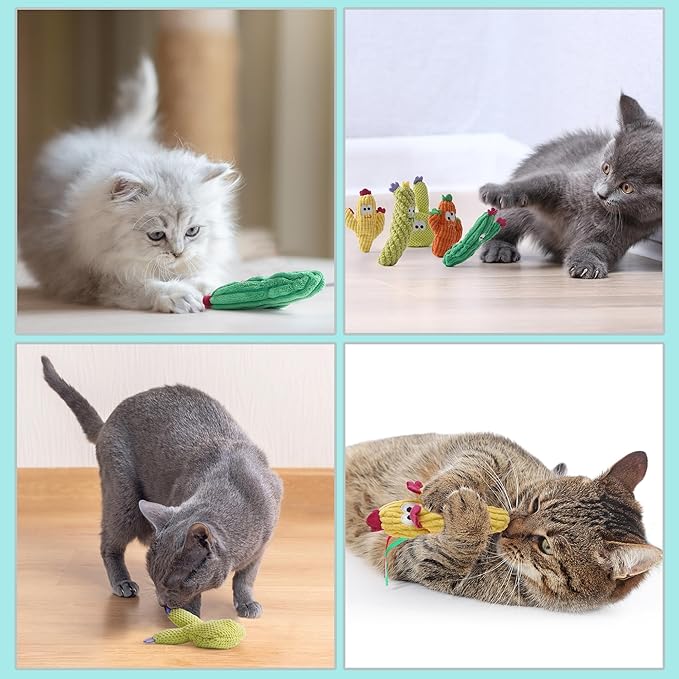 Cat Toys for Indoor Cats, 100% Pure Organic Catnip-Filled Toys Without Cotton, Interactive Cactus Kitten Toy for Anxiety Relief, Soft Cute Teething &Chew Toys, 5 Pack