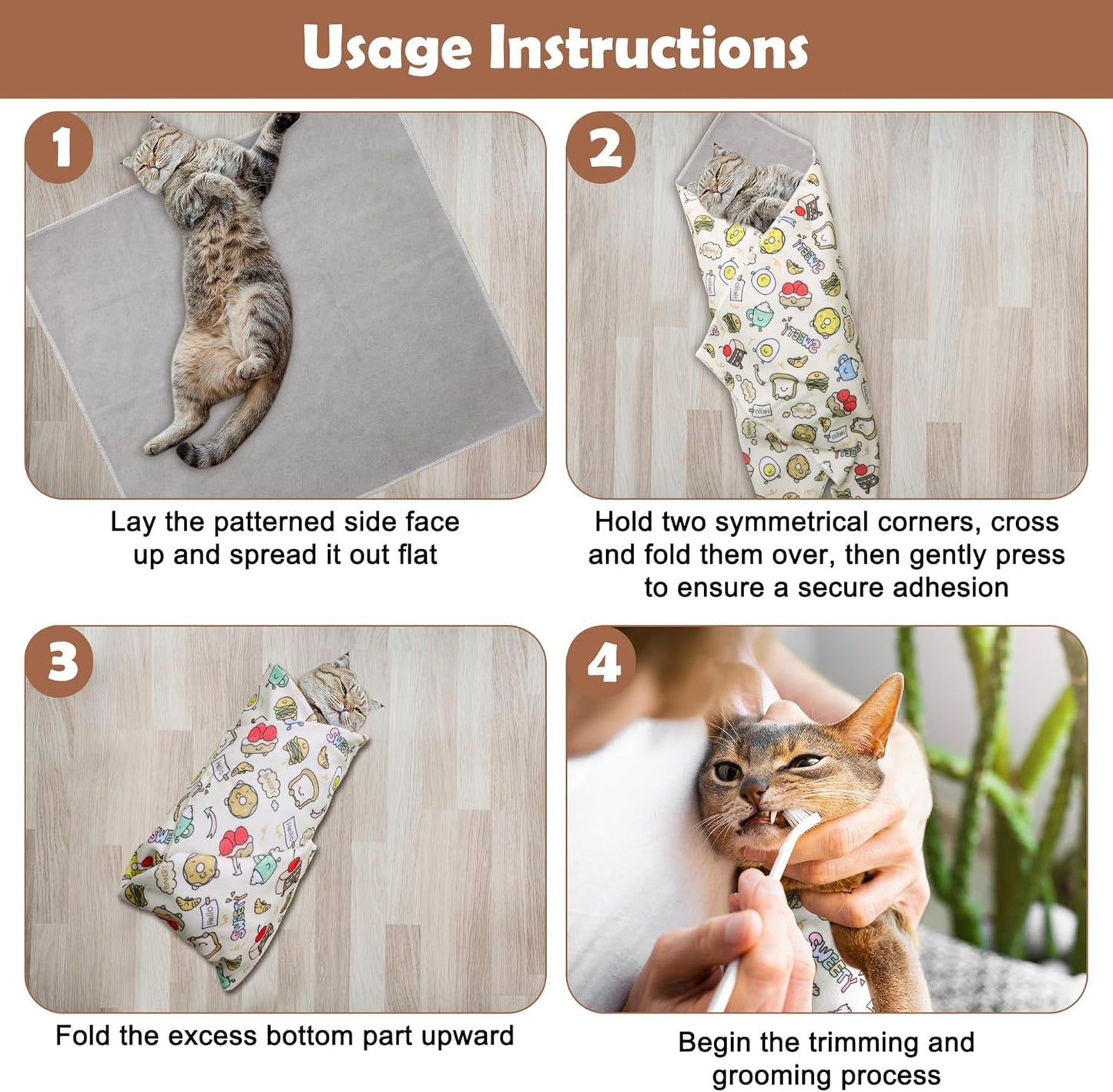 21.6 Inches Cat Wrap for Cutting Nails, Self-Adhesive Restraint Cloth for Cats Multifunctional Cat Grooming Wrap with Pet Nail Clipper, File and Pet Hairbrush