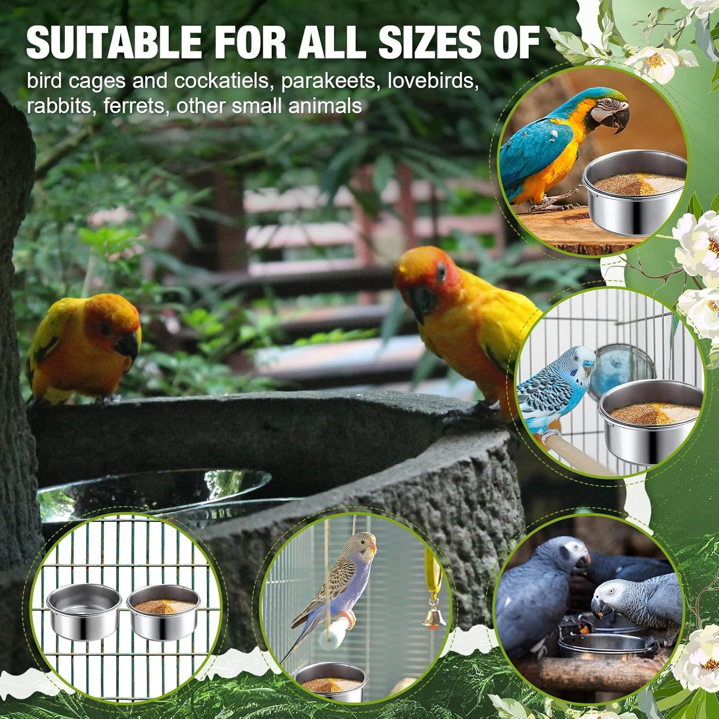 Sabary 6 Pcs Bird Feeding Dish Cups Stainless Steel Bird Bowls for Cage Parrot Food Bowl 10 Oz Birds Water Bowl for Parakeet Conure Cockatiels Lovebird Budgie Chinchilla African Greys Small Animal