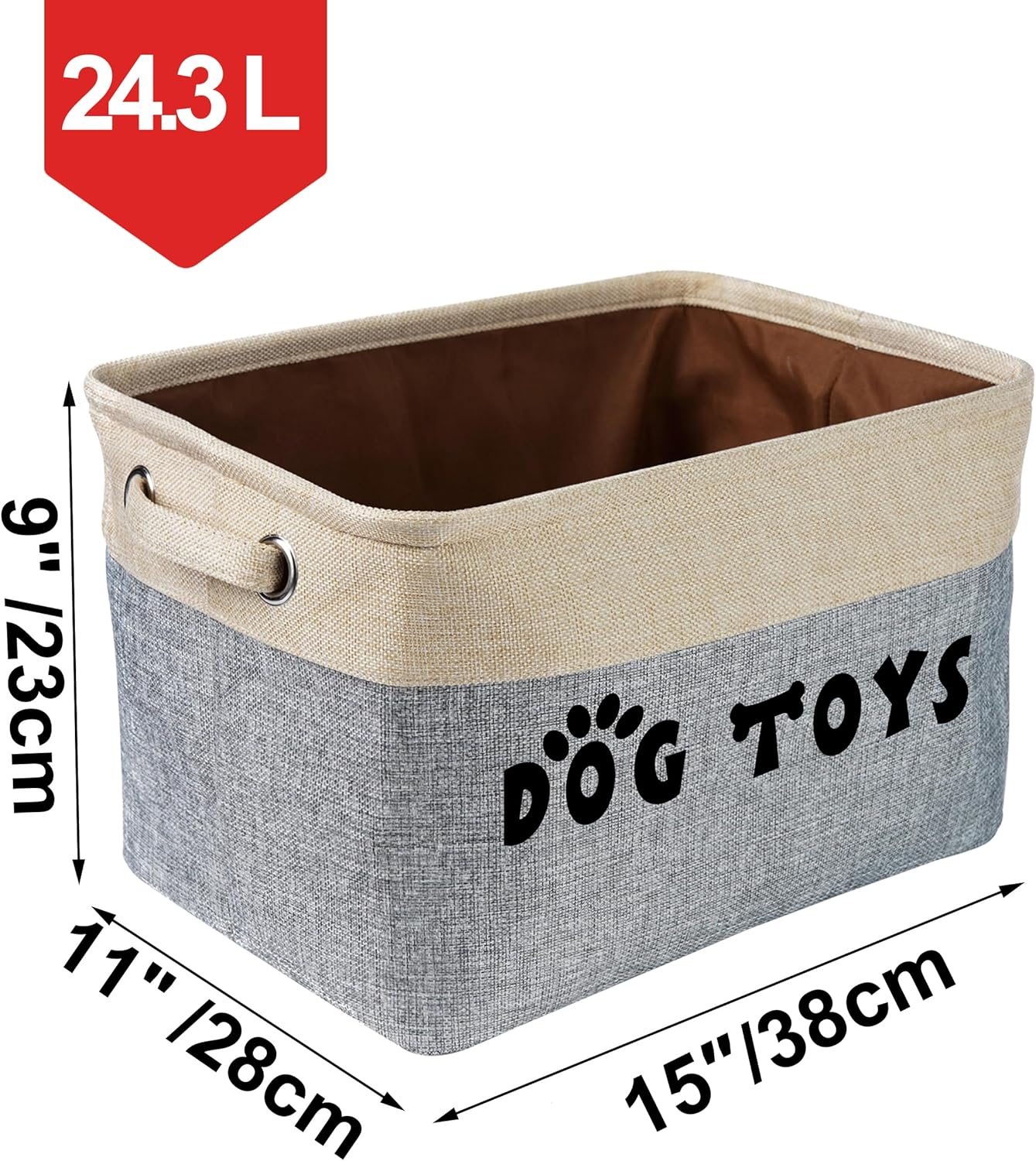 PET ARTIST Dog Toy Basket, Collapsible Dog Toy Bin Box with Comfortable Handles, Large Pet Toy Storage Basket Organizer for Accessories, Toys, Coat & Clothing, Blanket & Leash, Gray, 15"x11"x9"