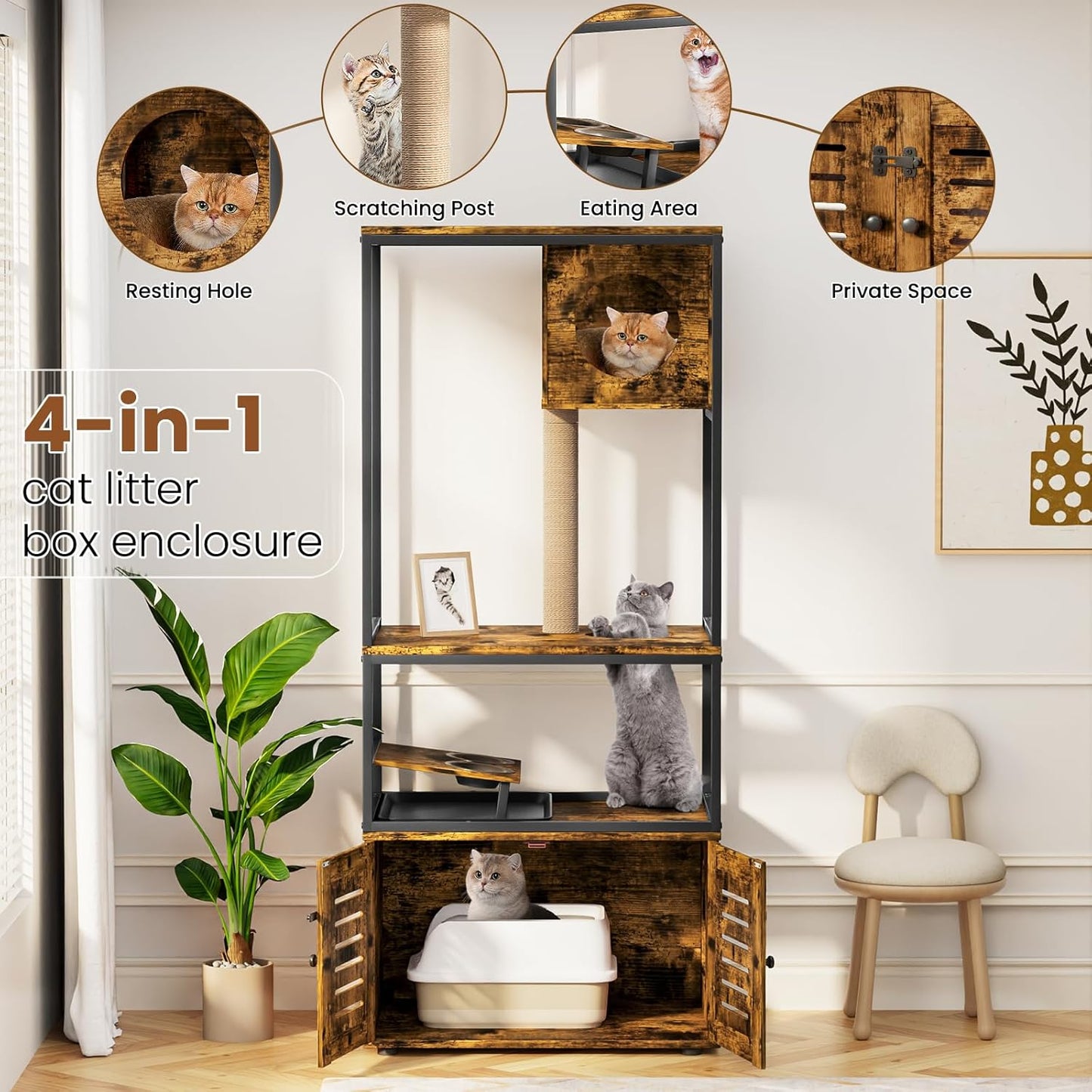 Lamerge Cat Tree with Litter Box Enclosure, All-in-1 Large Cat Litter Box Enclosure, Cat Condo with Scratching Posts and Cat Feeding Bowl, Rustic Brown