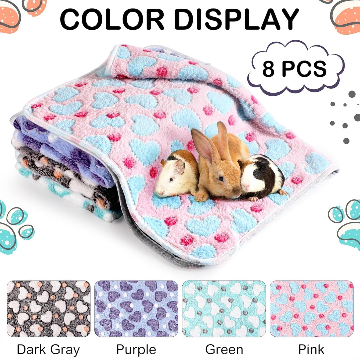 Tudomro 8 Pcs Guinea Pig Blankets Absorbent Washable Animal Fleece Bedding Cage Liners Waterproof Reusable Pet Pee Sleep Mat Pad Cover for Chinchilla Hamster Ferret(Heart,14 x 28 Inch)
