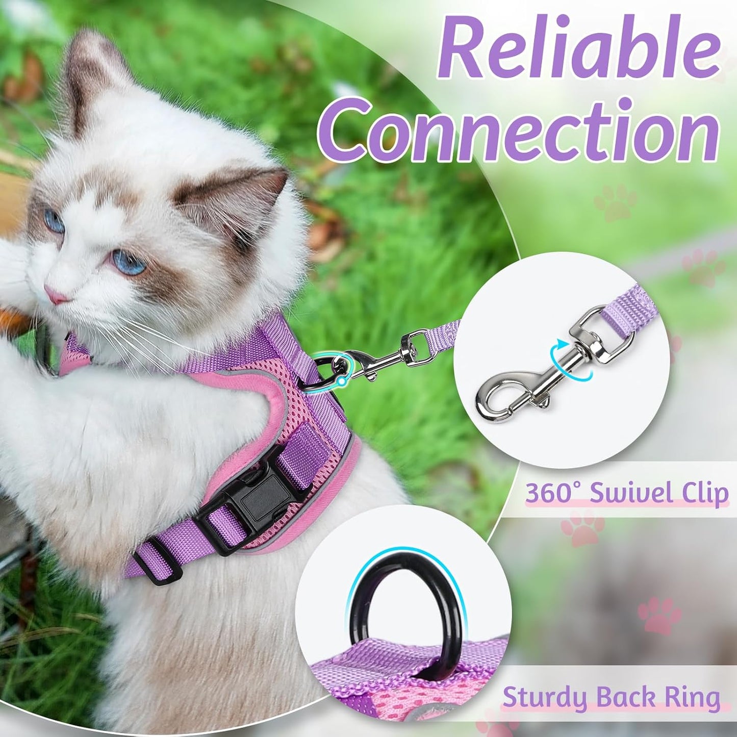 rabbitgoo Cat Harness and Leash for Walking, Escape Proof Soft Adjustable Vest Harnesses for Cats, Easy Control Breathable Reflective Strips Jacket, Pink & Purple, XS