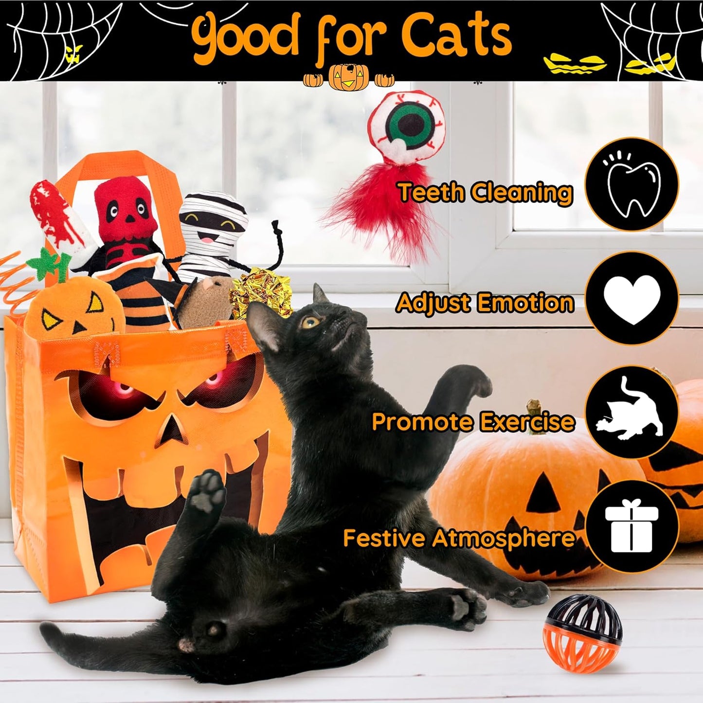 12pcs Halloween Cat Toys w/Bat Wings Costume & Organized Bag Set, Various Plush Cat Catnip Toys for Indoor Cats Kitten Teething Chewing Halloween Play