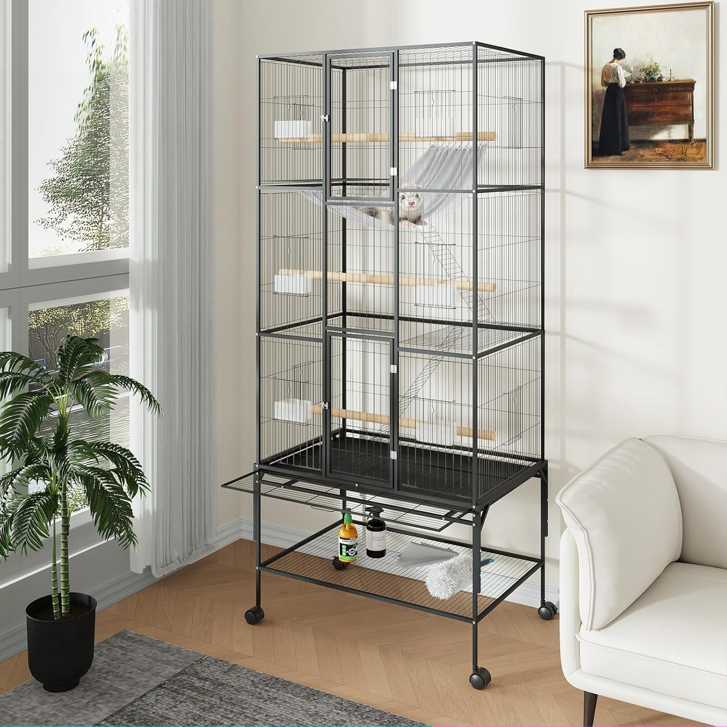 69inch Large Bird Cage Parrot Cage Metal Parrot Flight Cage for Budgie Parakeet Conure, Feeders, Ladders, Perches, Slide-Out Tray Rolling Cockatiel Cage for Mid-Sized Parrots Detachable Storage Stand