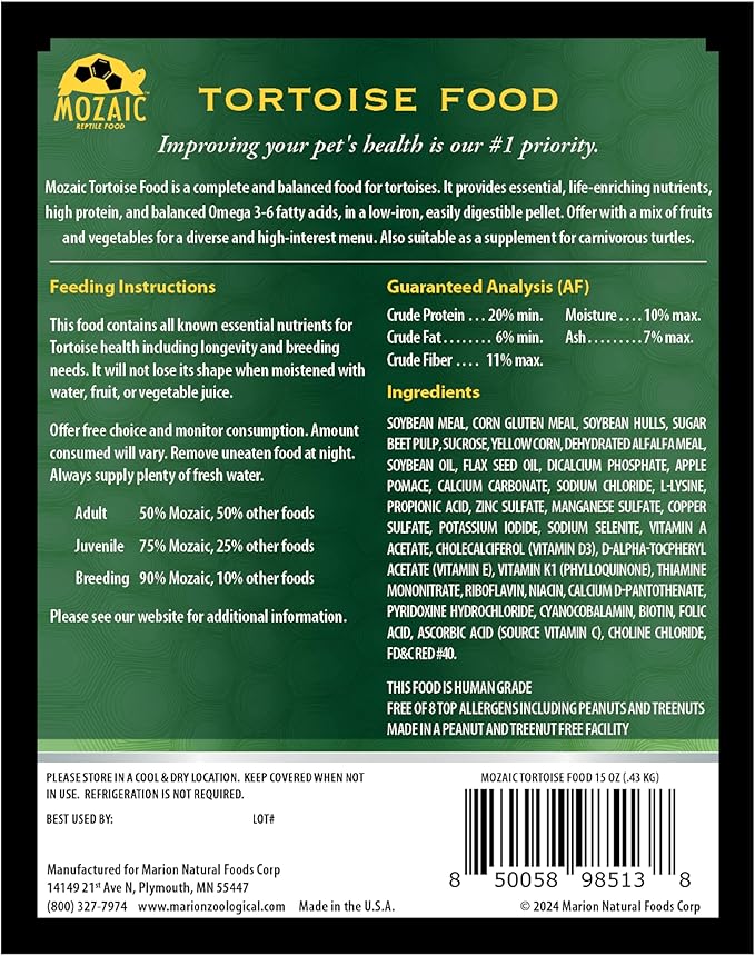 Mozaic Tortoise Food & Turtle Pellets Supplement - Complete Formulated Diet for Sulcata & Desert & Other Pet Tortoises, Essential Amino Acids & Nutrients, Economical Dry Pellet, 15 Ounce Bag