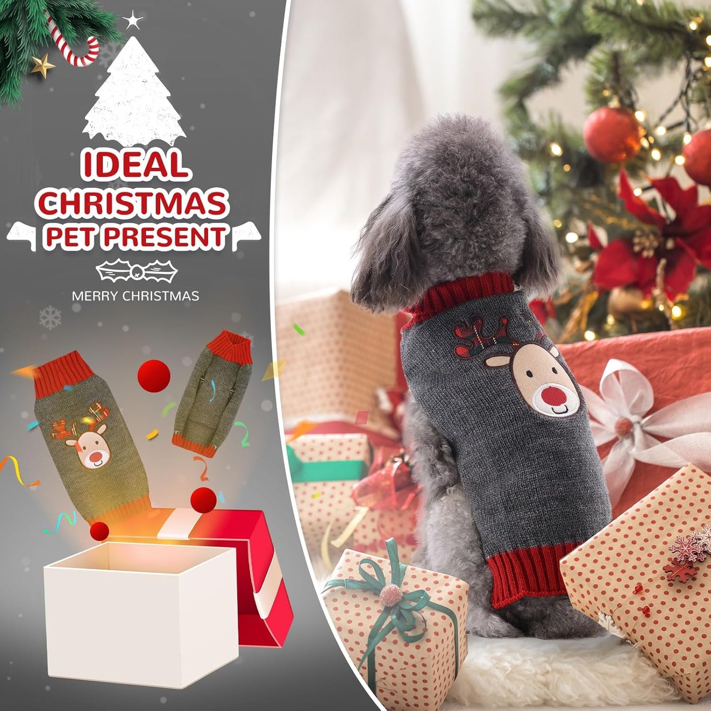 PETCARE Reindeer Christmas Dog Sweater Gray Cat Sweater Vest Cartoon Elk Pet Holiday Dog Clothes Puppy Sweaters for Small Medium Large Dogs Cats Fall Winter Outfits Xmas Dogs Costume,XX-Small