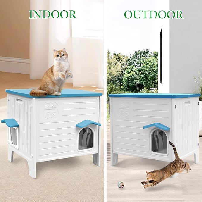 Outdoor Cat House Weatherpoof Large Plastic Cats Houses with Escape Door Indoor Waterproof Feral/Pet Cat Shelter Outside for Multiple Cats (Blue)