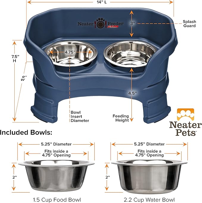 Neater Feeder Deluxe Mess Proof Dog Bowls Elevated for Small Breeds – Made in USA – No Spill Raised Dog Food Bowl Stand w/Leg Extensions – Stainless Steel Food and Water Bowl Set – Dark Blue