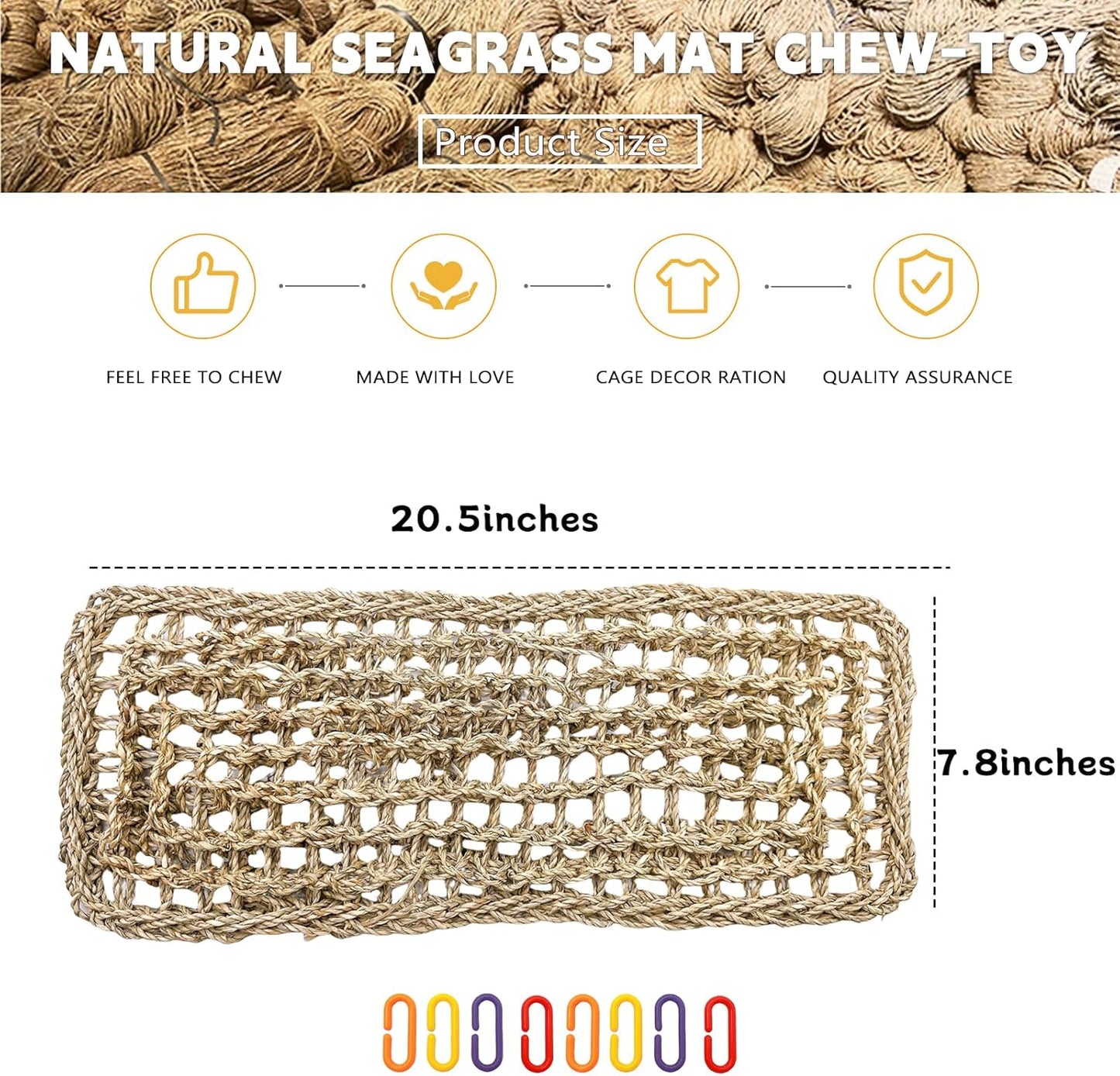 2Pcs Bird Seagrass Mat 20.5×8'' Natural Grass Woven Net Hammock Hanging on Cage Parakeet Climbing Rope Ladder Chew Toys for Lovebird Cockatiel Conure Budgie Cockatoo