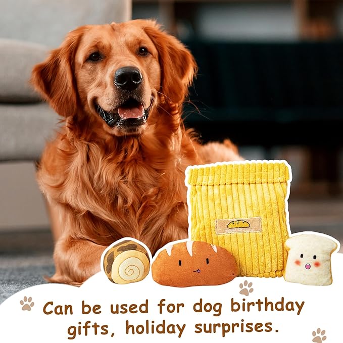 Hollypet Squeaky Dog Toy, Interactive Plush Hide and Seek Dog Toys for Small Medium Sized Dogs and Non-Aggressive Chewers, Puppy Teeth Clean Chew Toys, Bread