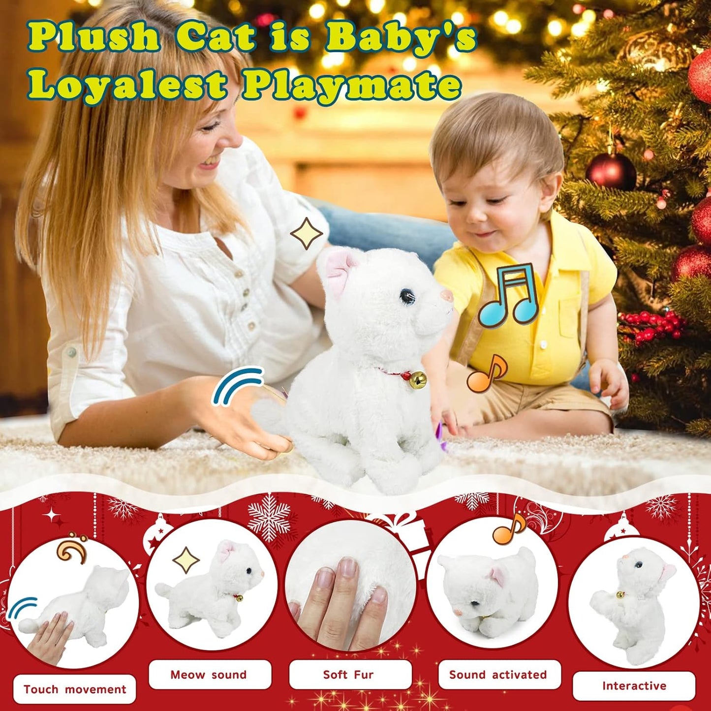 Plush Stuffed Animal Interactive Cat, LED Robotic Barking Meow Kitten Touch Control, Electronic Cat Pet, Robot Kitty Toys, Animated Toy Cats for Girls Baby Kids