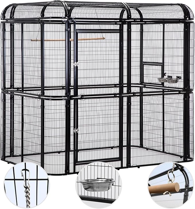 Large Walk-in Cage 87-inch Heavy Duty Bird Cage Outdoor Aviary Parrot Cage Wide Flight Metal Birdcage with Stand for Macaw Budgie Conure Lovebird Parakeet Cockatiel, 7.22x5.25x6.8ft, Black