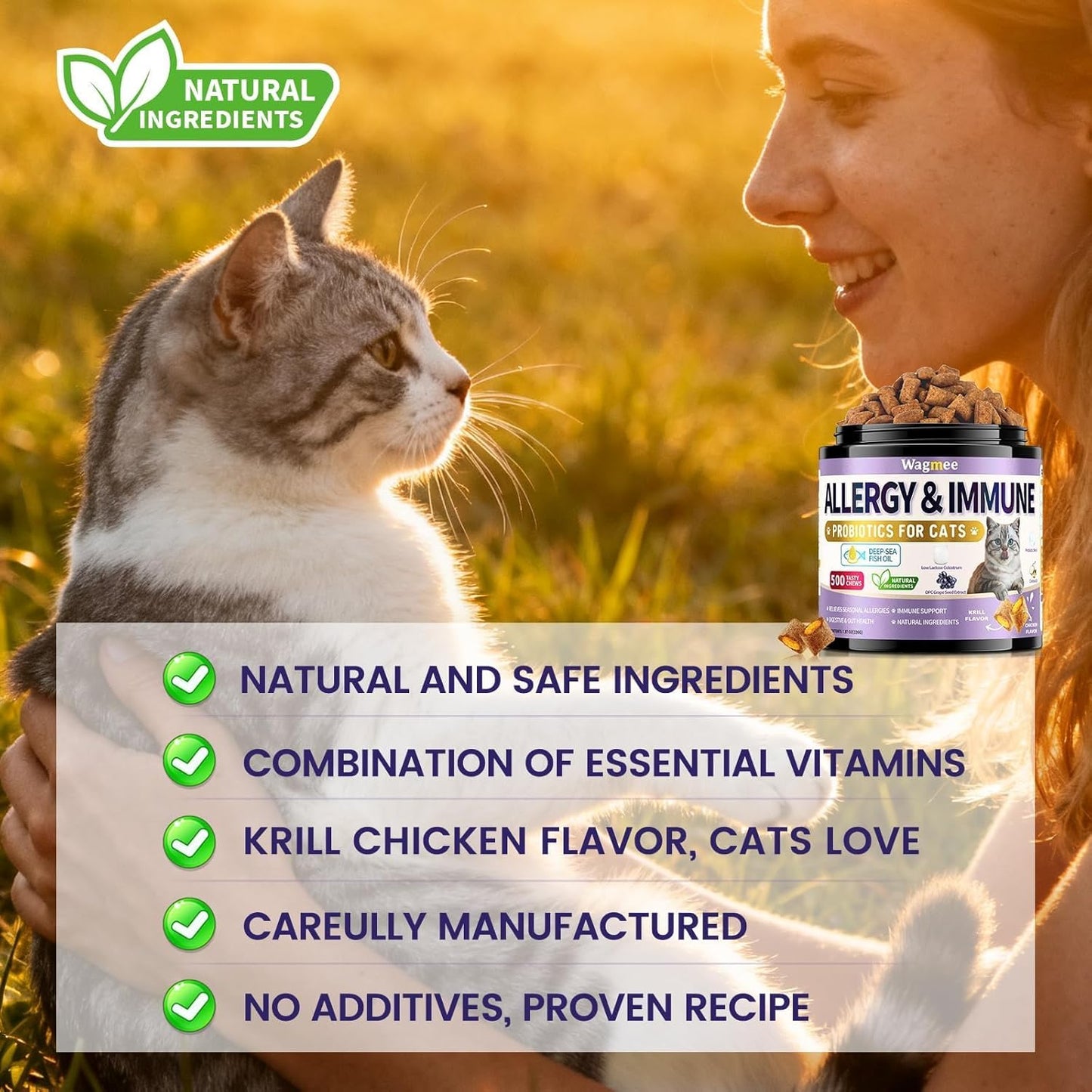 Cat Multivitamin with Fish Oil, 500 Crunchy & Creamy Chews - 10 In 1 Vitamins Supports Energy, Bone, Joint, Skin & Coat Health - with Omega 3s, Taurine, Biotin for Cat All Breeds & Ages - Krill Flavor