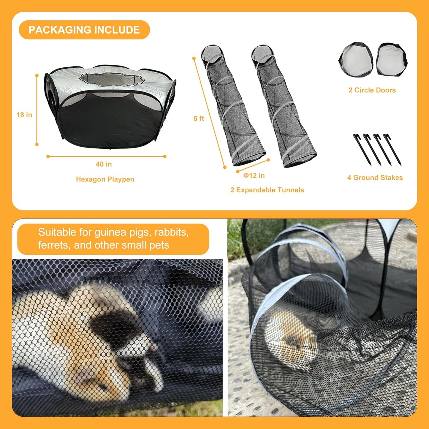 Small Animal Playpen with Tunnel–Pop-up Guinea Pigs Play Pen Foldable Outdoor and Indoor Pet Tent for Rabbits, Chinchillas and Ferrets