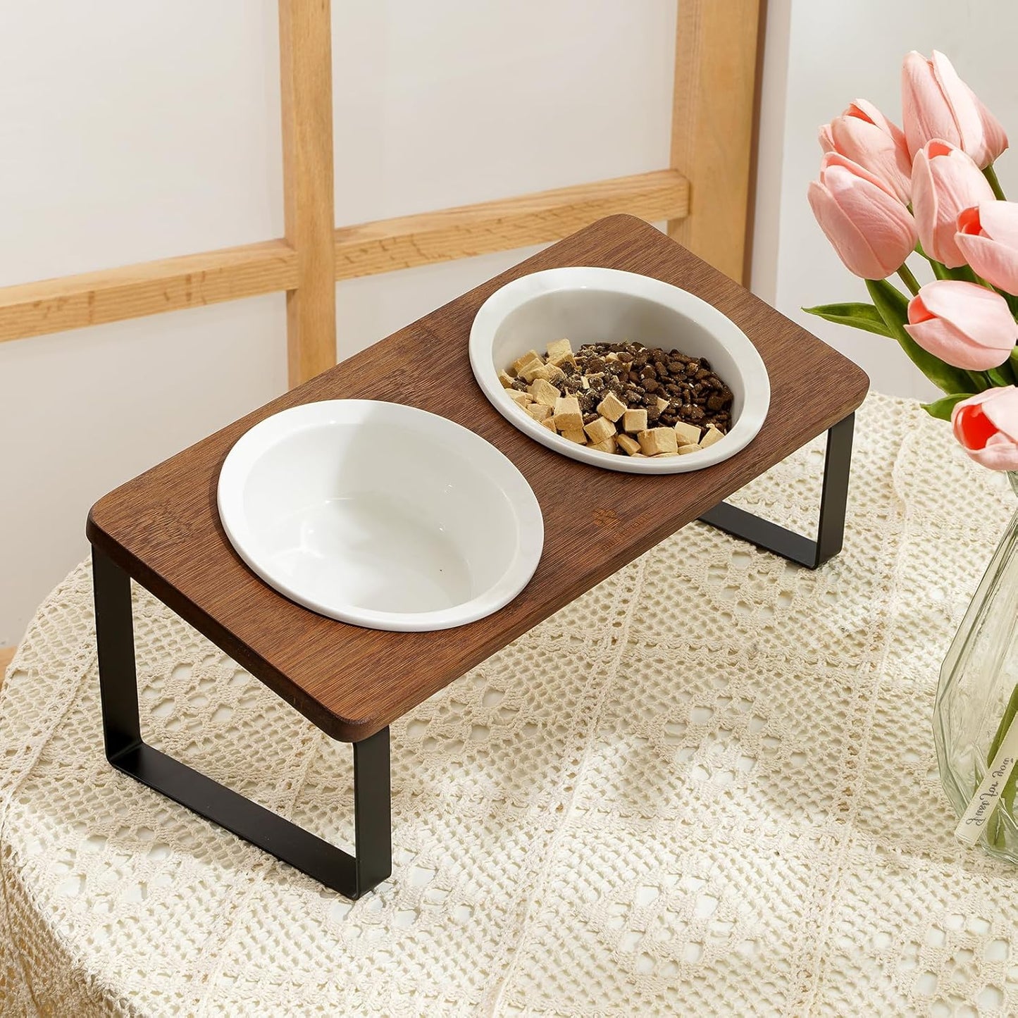 Sunhoo Ceramic Elevated Cat Bowls Raised Puppy Dishes for Food and Water Tilted Wooden Stand for Indoor Cats 5.5 inch Wide Double Dish Orthopedic Reduces Vomiting (Brown)