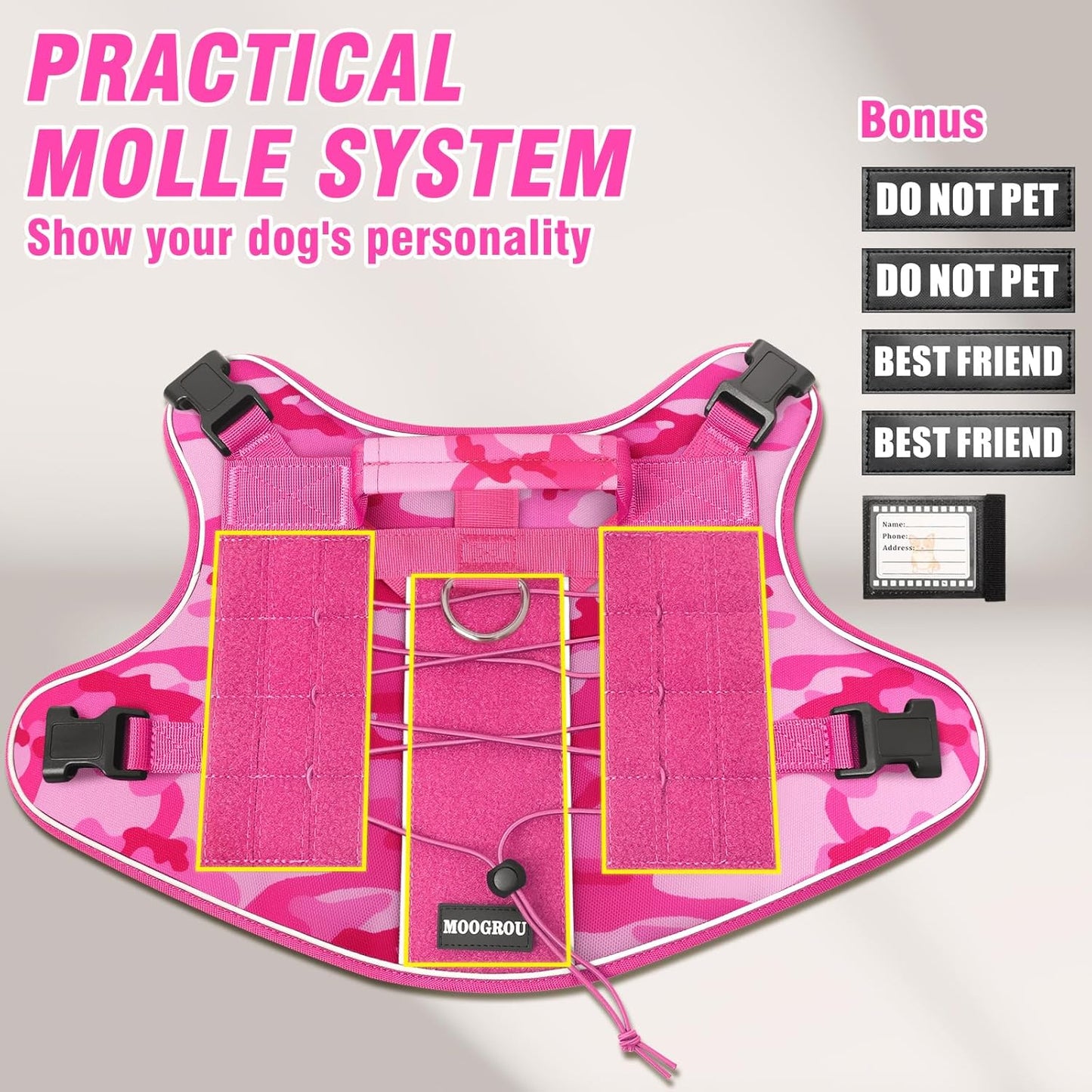 Tactical Dog Harness for Large Dogs,No Pull Military Dog Vest with Easy Control Handle&Molle,Adjustable Heavy Duty Pet Harness for K9 Working Hiking Training Daily Walking Camo Pink L