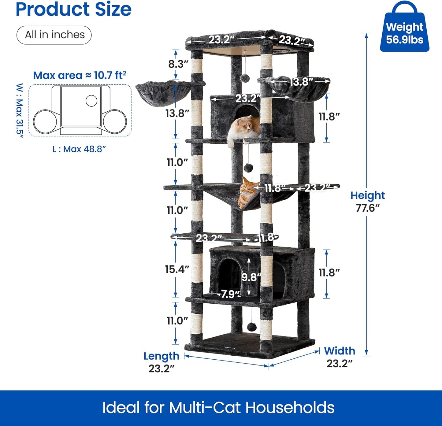 MWPO Extra Large Cat Tree, 77.6-Inch Tall Cat Tower for Indoor Cats with 2 Condos, Multi-Level Cat Stand for Large Cats, 3 Hammocks, Wide Perch, Scratching Posts, Dangling Toys, Smoky Grey
