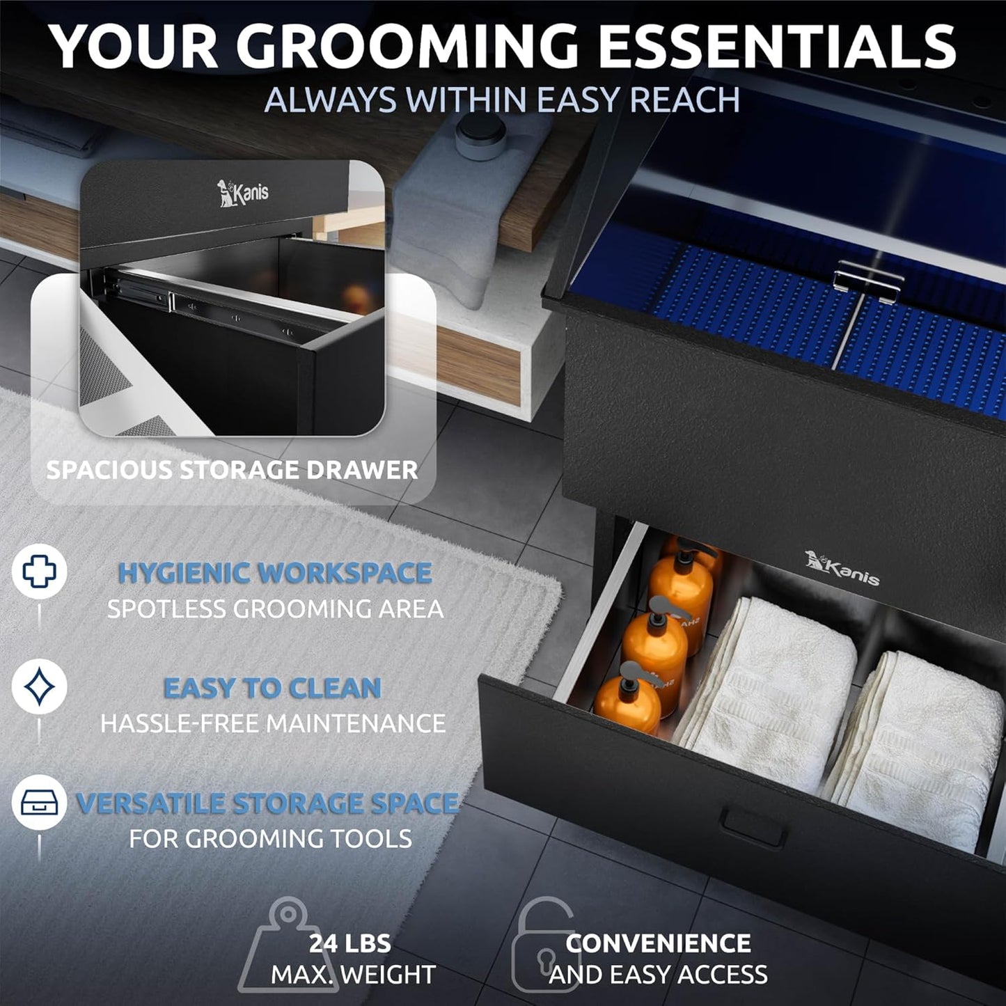 KANIS Black Line Professional Dog Washing Station - 304 Stainless Steel Pet Wash Sink & Grooming Bathtub w/Shower, Floor Grates and Storage for Large, Medium & Small Pets (61", 1 Drawers - Right Ramp)