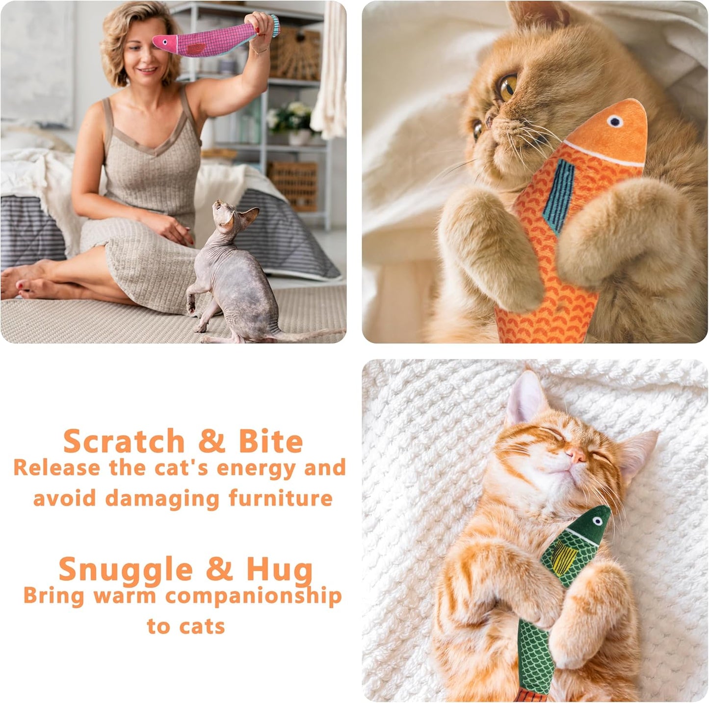 Soft Catnip Toys Fish, 3 Pack Bell Sound Cat Toys, Interesting Indoor Cat Kicker Toys, Durable and Highly Interactive Catnip Toys (Saury Fish)