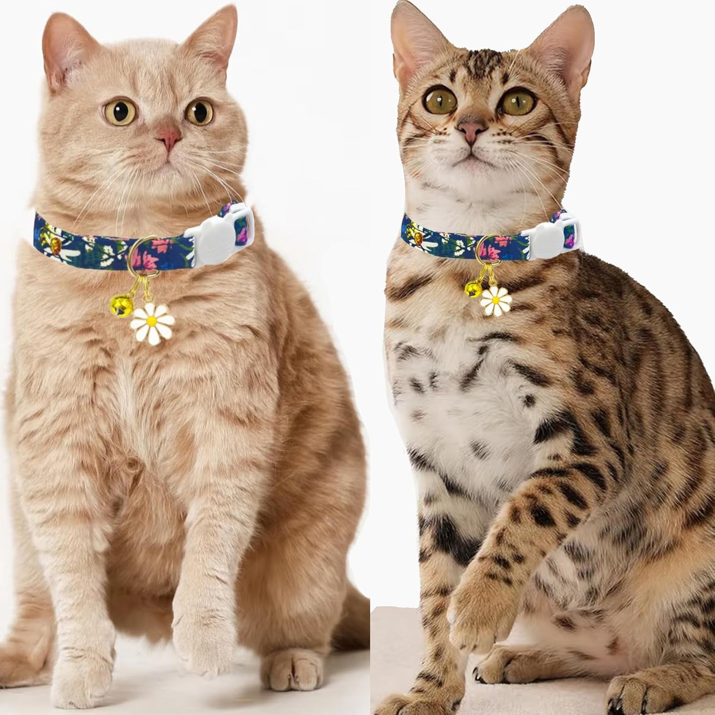 2 Pack Cotton Breakaway Cat Collars Set with Bell and Flower Pendant, Cute Floral Fruit Patterned, Adjustable 7.5-11Inch, Include A Mouse Toy Gift