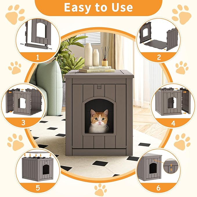 VIXZEN Cat House Resin Outdoor Cat House with Flip Lid Elevated Raised Floor Waterproof Easy Access Easy Assembly Easy to Clean Cat Houses for Outdoor Cats,Gray