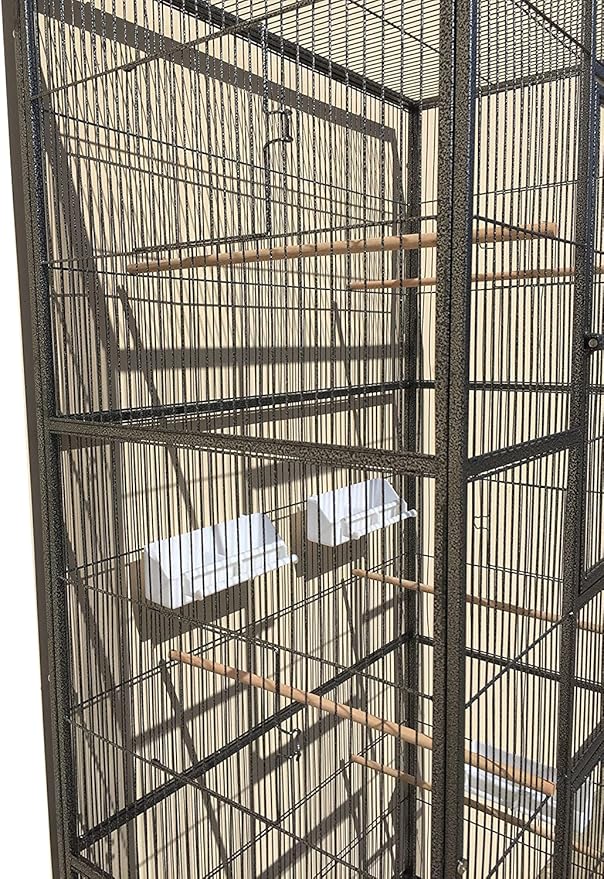74" Large Double Separate Stackable Wrought Iron Breeding Bird Flight Parrot Cockatiel Conure Breeder Cages Side Nesting Doors Double Feeder Cups Easy Clean Grate & Tray with Detechable Rolling Stand