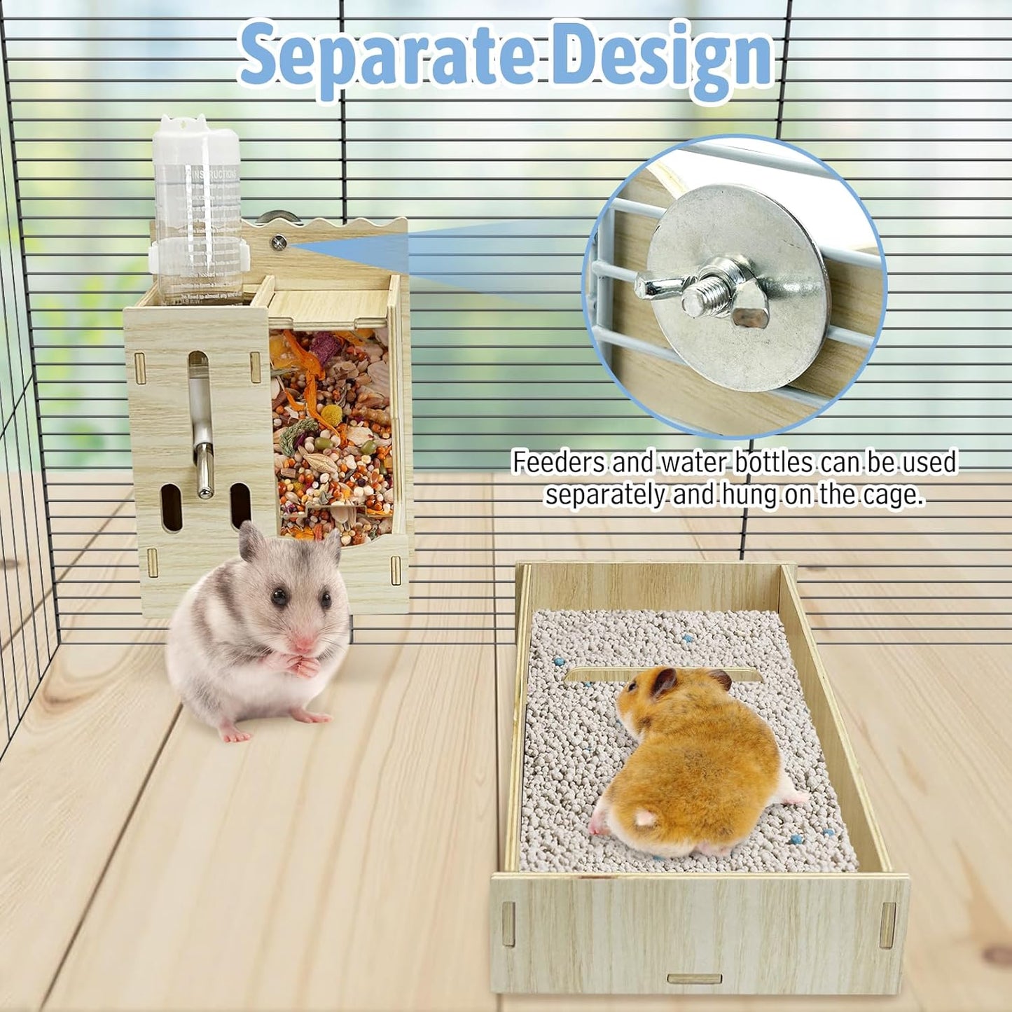 Hamiledyi 3 in 1 Wooden Hamster Feeder Dispenser Hanging Dwarf Hamster Food Bowl & Water Bottle with Removable Litter Box Small Animal Feeder for Hamsters Mouse Gerbil (11" x 5.7" x 7.5")