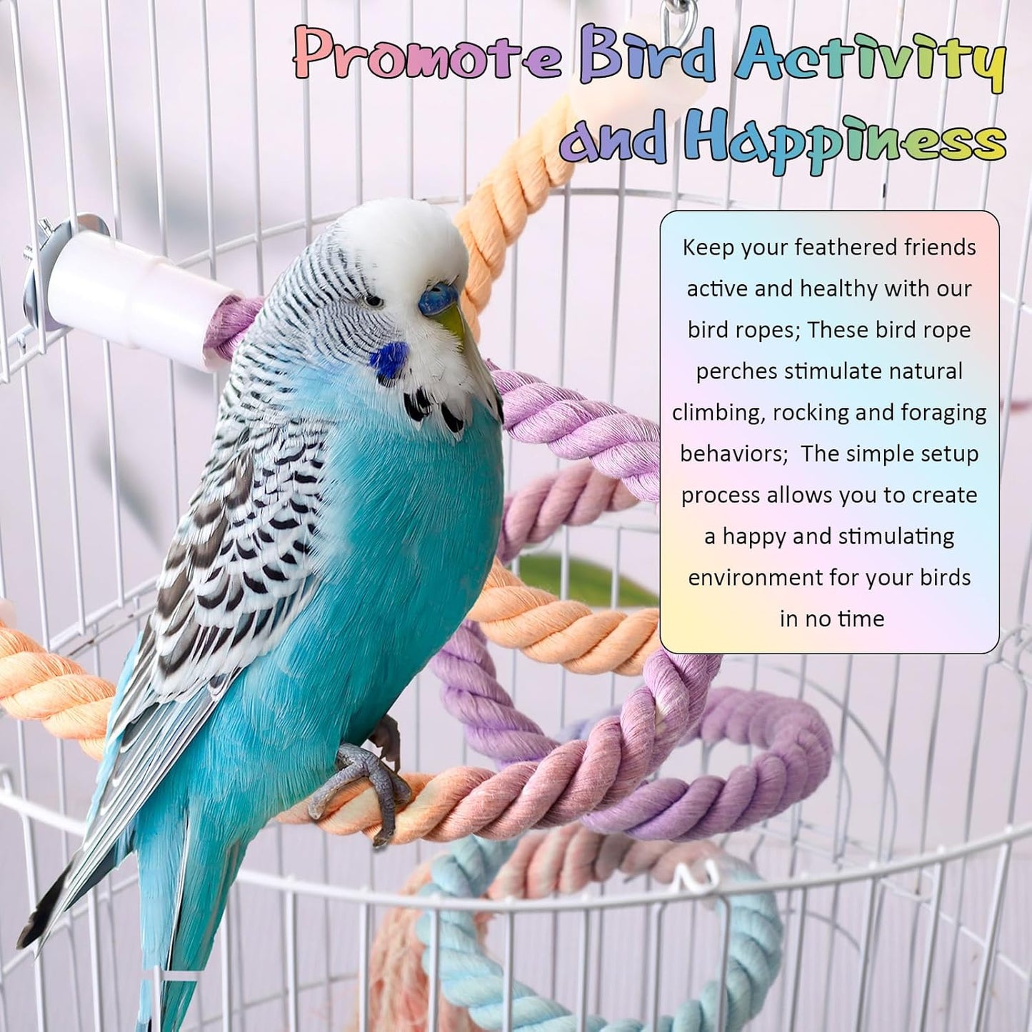 Skyygemm 2 Pcs Gradient Bird Rope Perch Stand 39.4" and 16.3" Bird Cage Climbing Rope Toys Accessories Multicolor Cotton Perches for Parrots, Cockatiels, Parakeets, Budgies, Lovebird, Conures, Finches