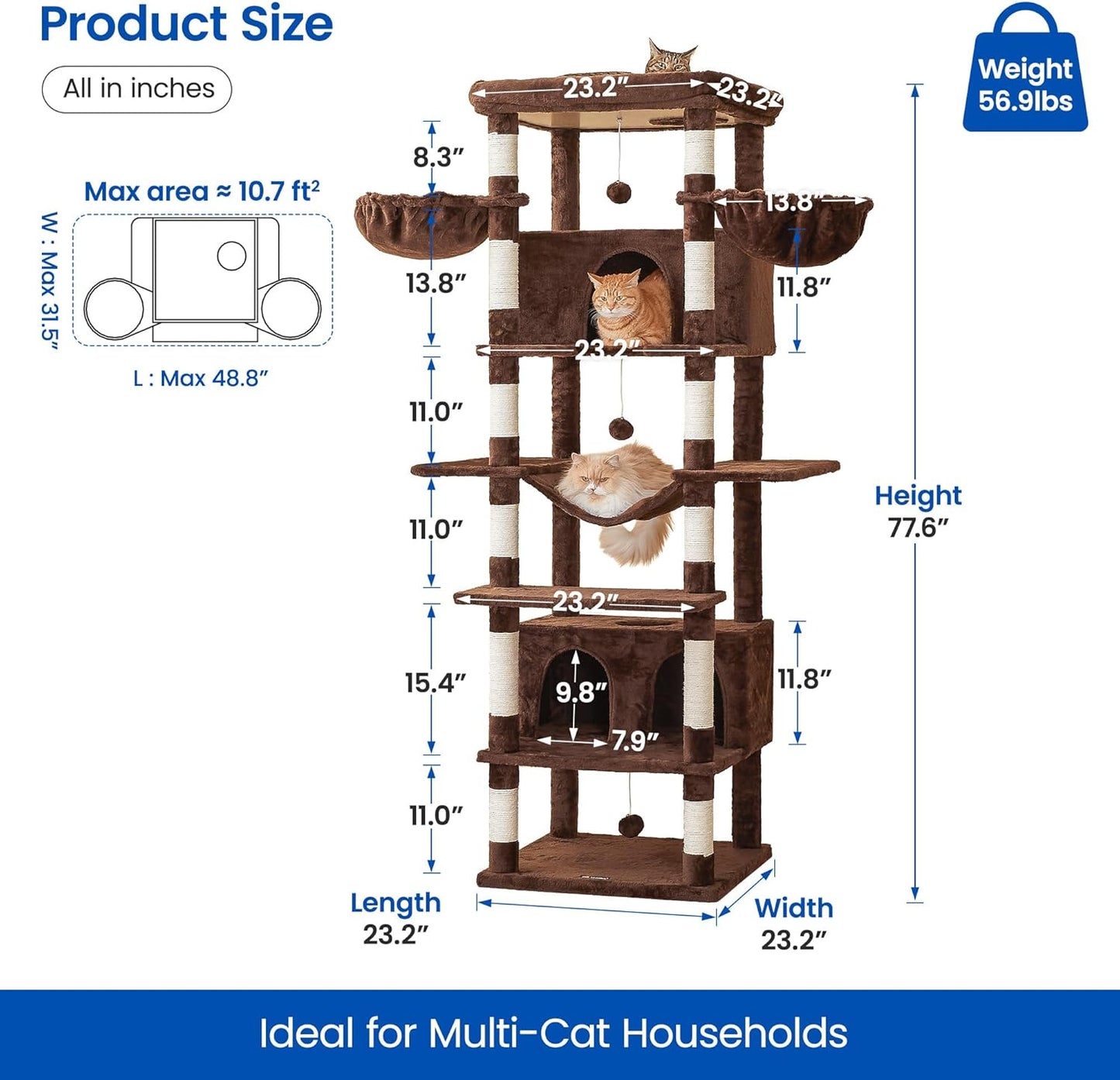 MWPO Extra Large Cat Tree, 77.6-Inch Tall Cat Tower for Indoor Cats with 2 Condos, Multi-Level Cat Stand for Large Cats, 3 Hammocks, Wide Perch, Scratching Posts, Dangling Toys, Brown
