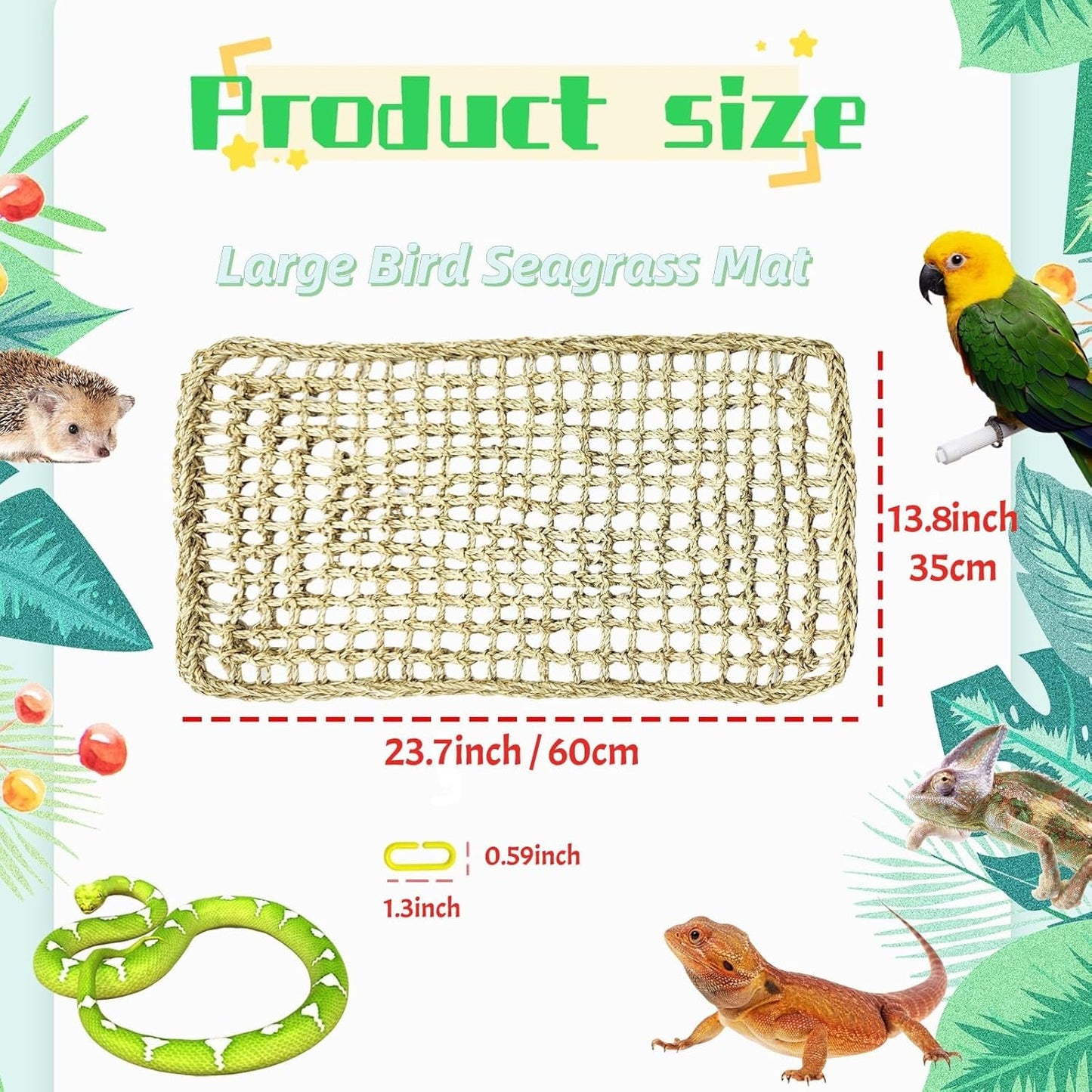 Large Bird Seagrass Mat 24 × 14 ''Natural Seagrass Woven Bird Net Hammock Climbing Rope Ladder with Hooks Chew Toy for Parrot Guinea Pig Lovebird Cockatiel Pigeon