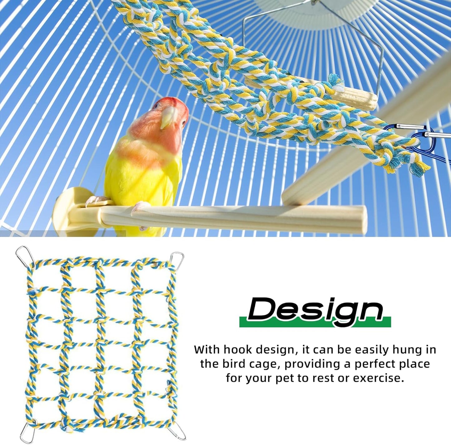 2 Pcs Rat Climbing Ropes for Cage Rat Cage Accessories Bird Rope Rat Toys for Pet 12.6 x 9.84 inch Hammock Hamster Cotton Rope Bridge Bird Ladder with 4 Silver Hooks(Yellow)