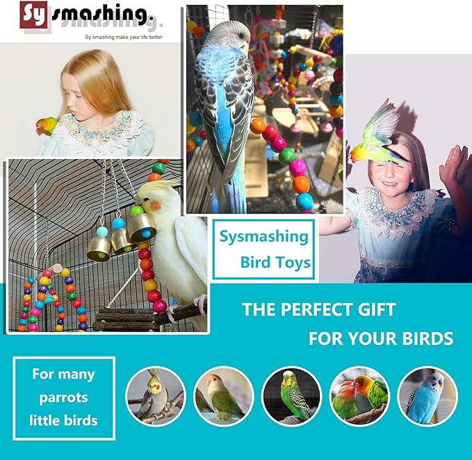 23pcs Bird Parakeet Cockatiel Toys,Parrot Swing Chewing Hanging Toy with Safe Bells,Bird cage Colorful Climbing Standing Rope Natural Wood Ladder Bungee Toys