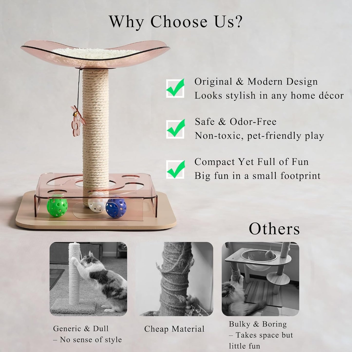 Modern 3-in-1 Interactive Cat Toy with Puzzle Box, Cat Bed/Perch & Scratching Posts, Colorful Jingle Balls, Dangling Accent, Puzzle Toys for Indoor Cats, Acrylic, Pink