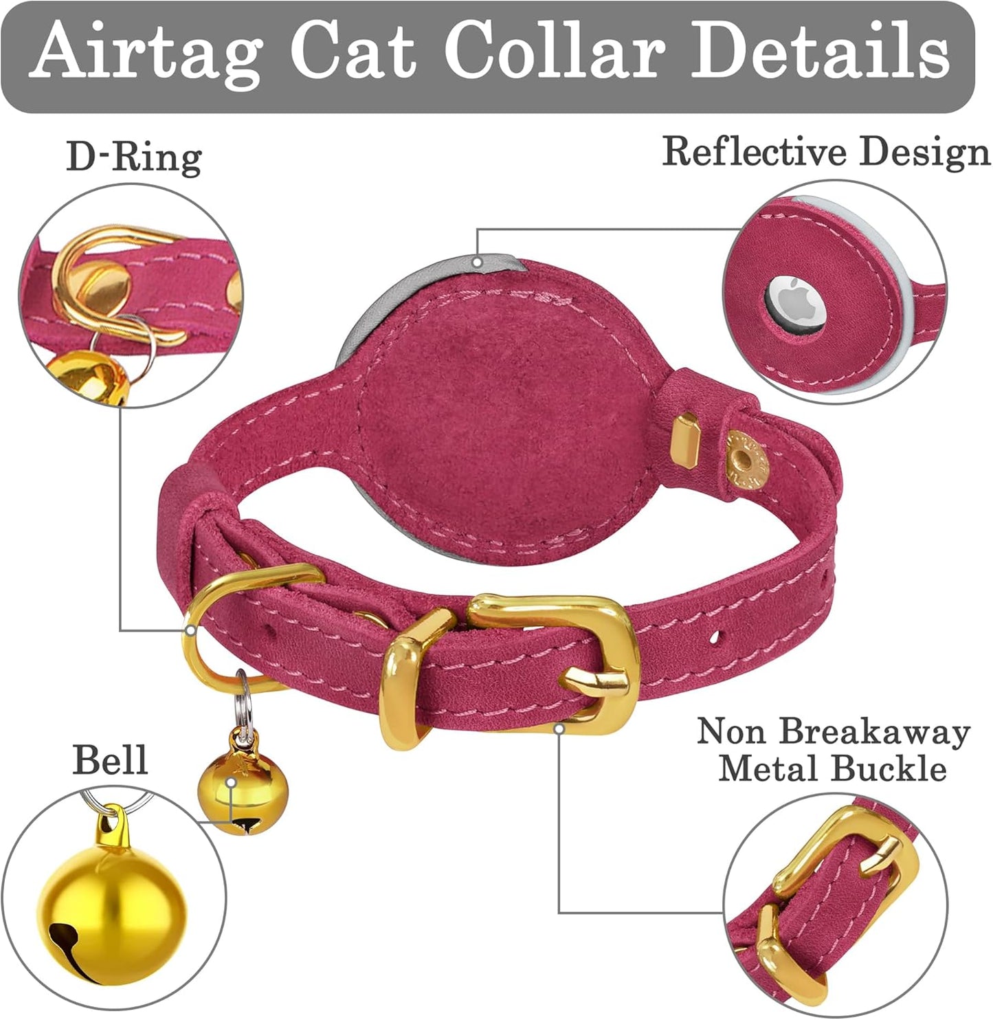 OOPSDOGGY Reflective Leather AirTag Cat Collar with Bell - Non Breakaway Adjustable Pet Collar with Apple Air Tag Holder - Lightweight GPS Kitten Collars for Small Dogs Puppy (Fuchsia)