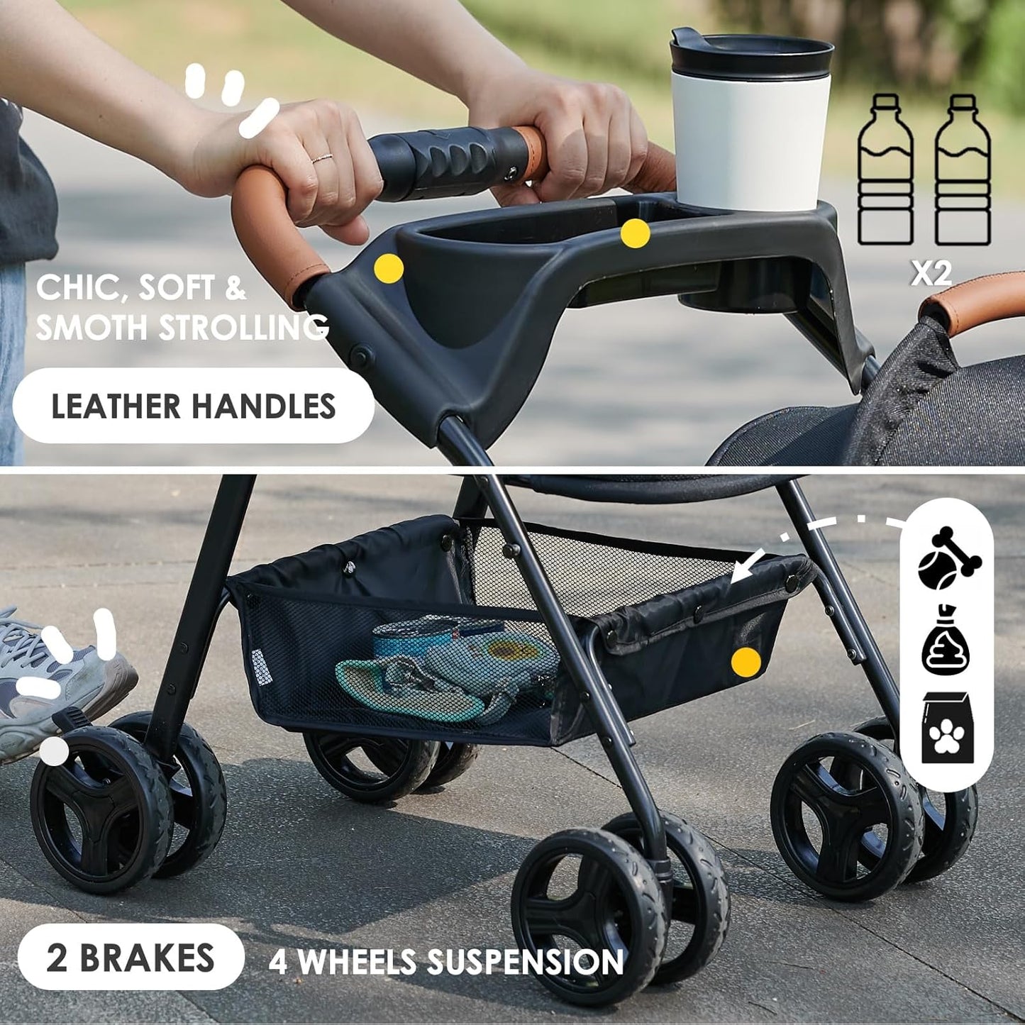 3 in 1 Pet Stroller with Removable Carrier, Folding Stroller for Small/Medium Dogs and Cats, Waterproof, All-Terrain, with Sun Shades, Car Seat