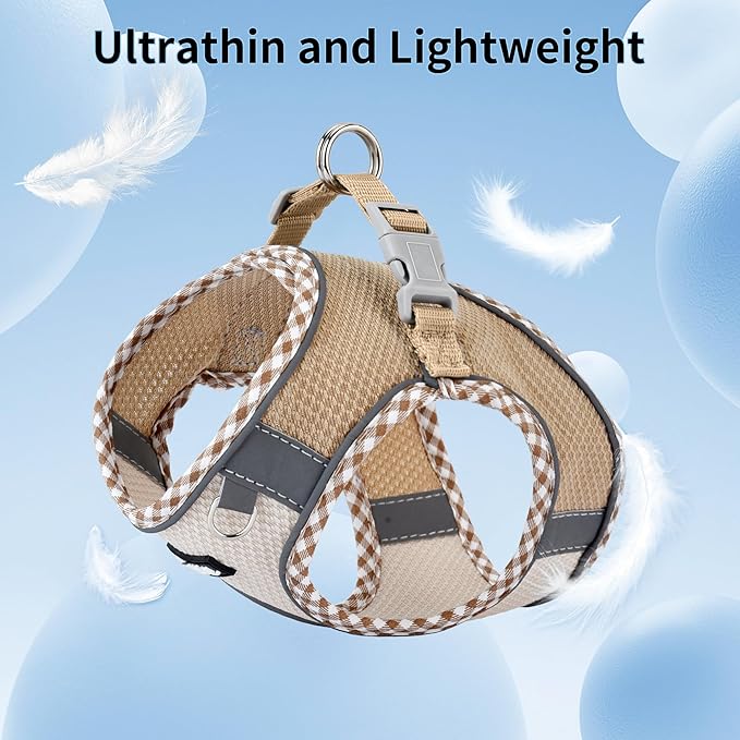 AIITLE Teacup Puppy Harness with Leash - Adjustable Soft Vest with Magic Tape & Reflective Safety Strips, Easy-Put-On for Poodles, Pomeranians - Gym, Hiking, Travel (Brown-Beige, S)